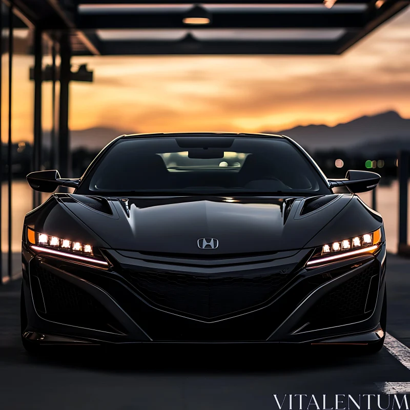 Luxury Black Sports Car with Headlights On AI Image