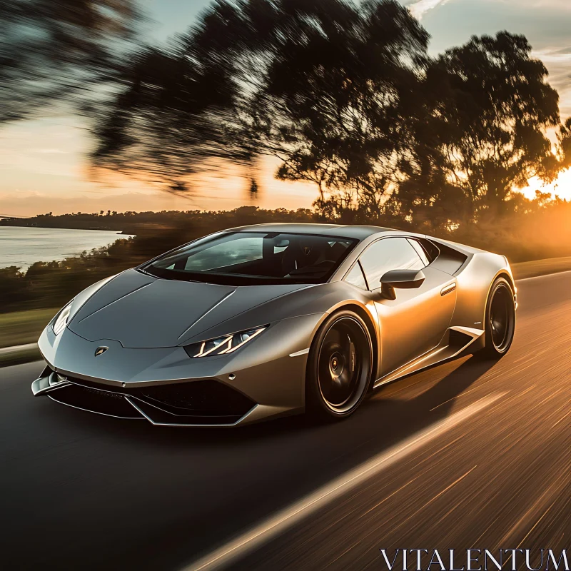 Luxury Silver Sports Car at Sunset AI Image