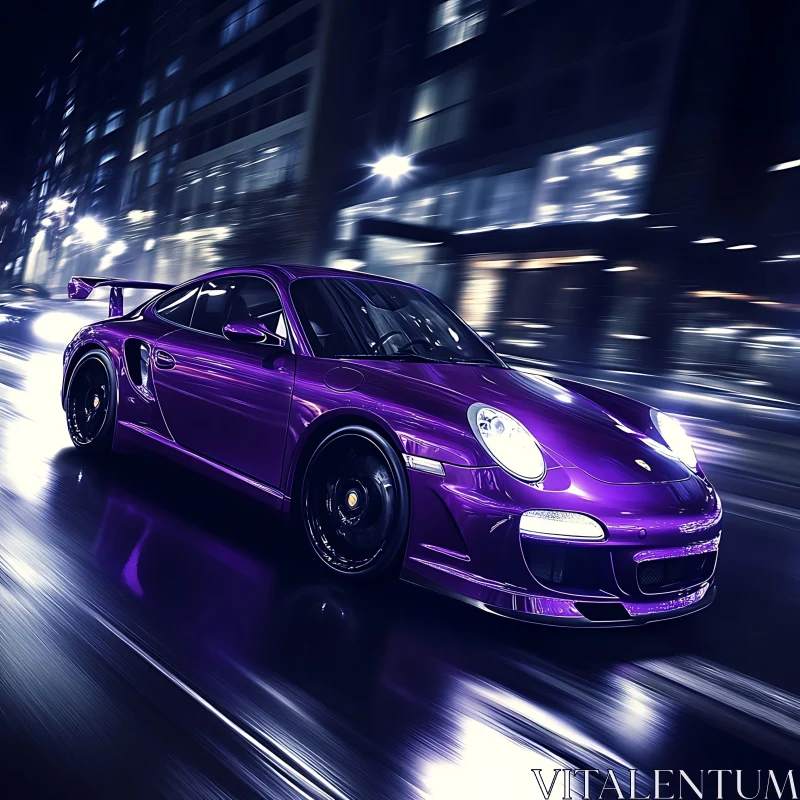 Purple Sports Car Driving Through City at Night AI Image