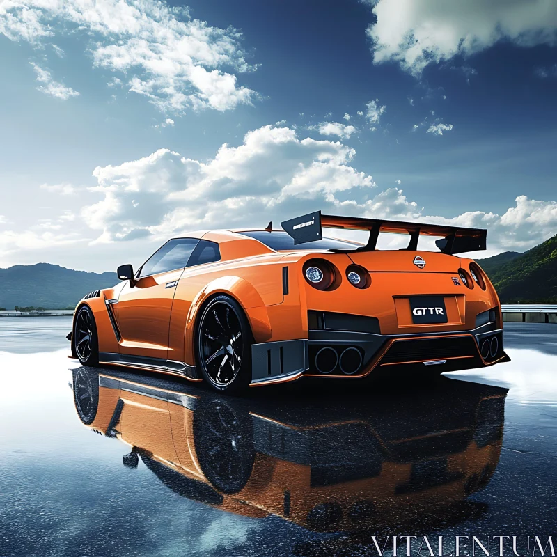 Luxury Orange Sports Car on Reflective Surface AI Image