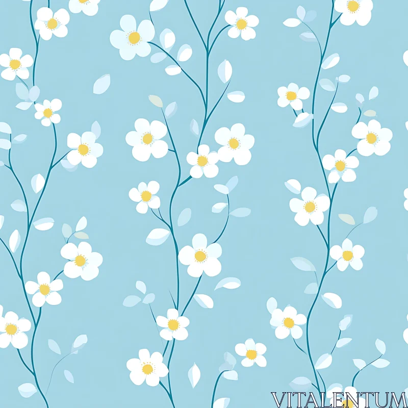 Delicate White Flowers with Green Stems on Blue AI Image