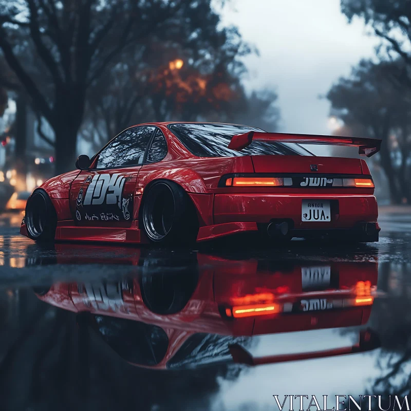 Red Sports Car Reflecting on Wet Street at Dusk AI Image