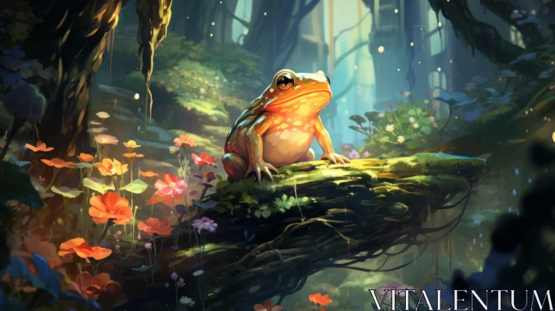 Frog on Branch in Lush Forest - Artistic Illustration AI Image