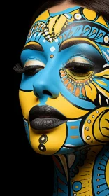 Striking Woman with Bright Blue and Yellow Facial Painting