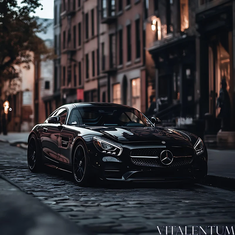 Sleek Black Car on Cobblestone Street at Dusk AI Image