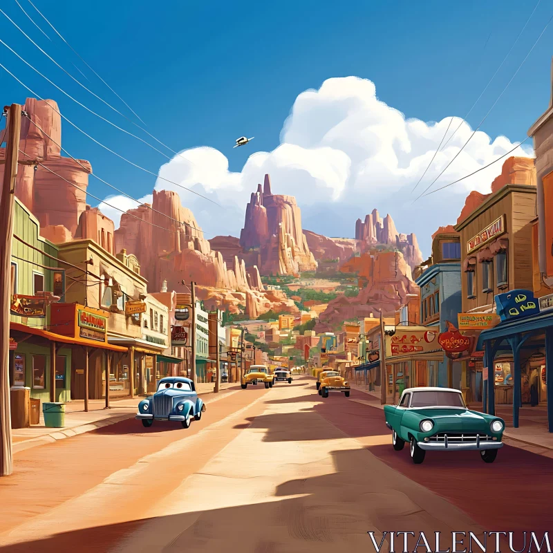 Animated Western Scene with Vintage Cars and Red Rocks AI Image