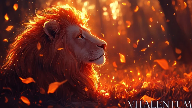 AI ART Regal Lion Amidst Falling Leaves