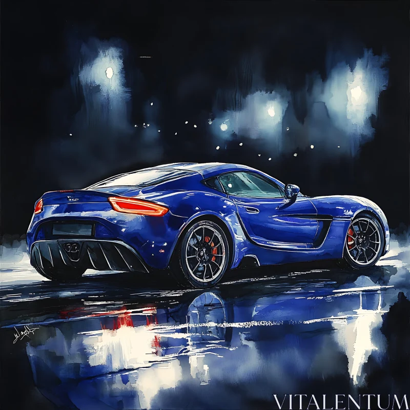 Sleek Blue Car in Night-time Automotive Art AI Image