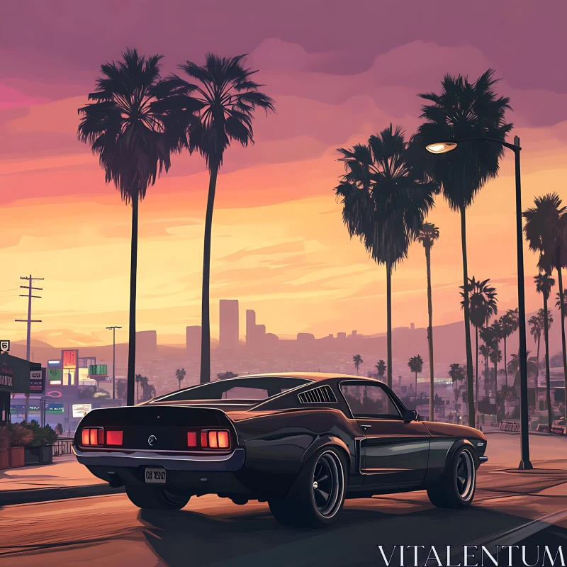 Vintage Car at Dusk amidst Urban Palm Trees AI Image