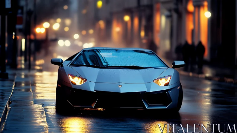 Sports Car in Rainy Urban Setting at Night AI Image