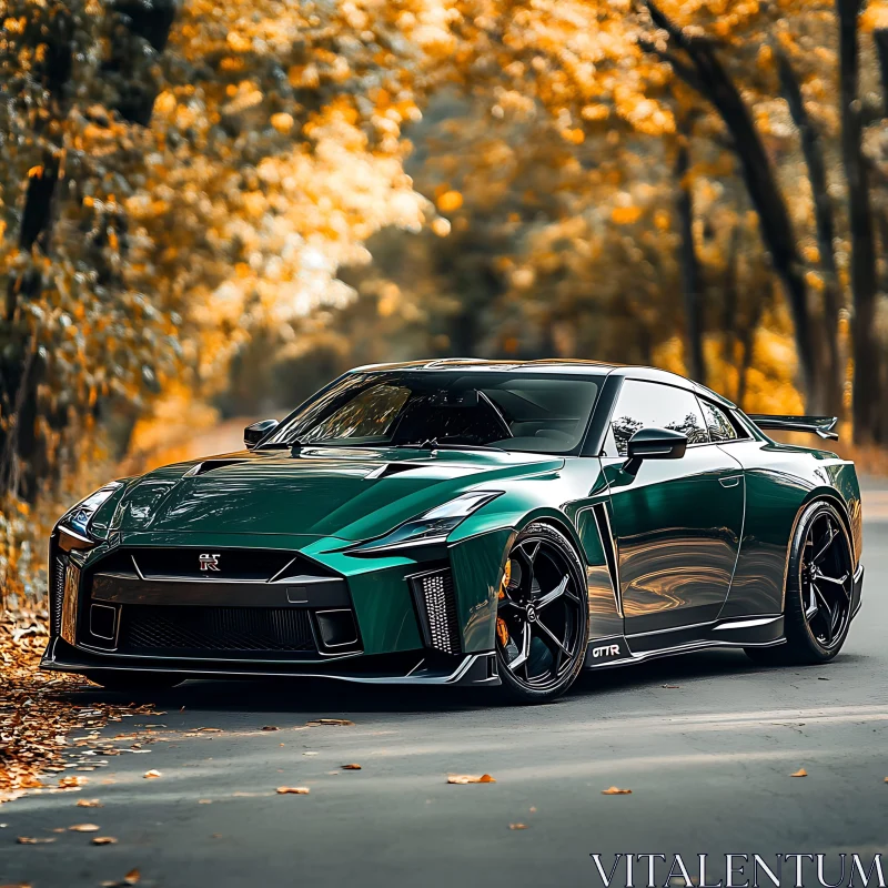 Green Sports Car in Autumn Setting AI Image