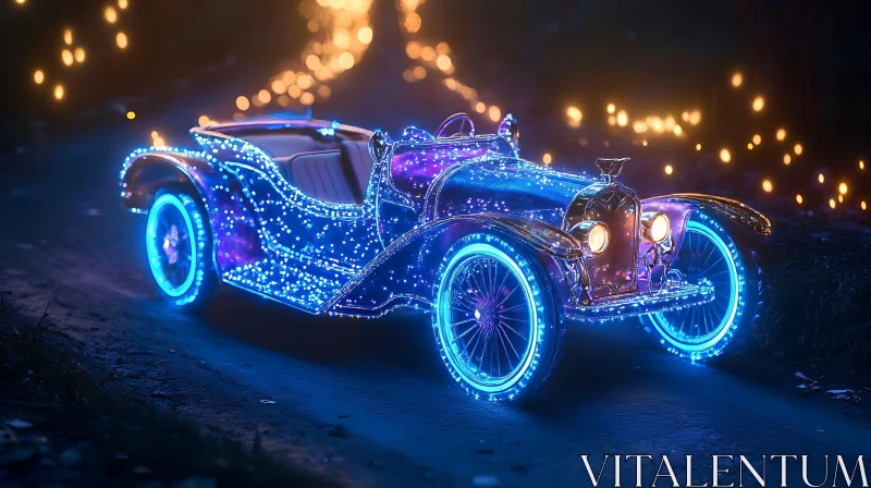 Neon-Lit Vintage Car on an Enchanted Night Path AI Image