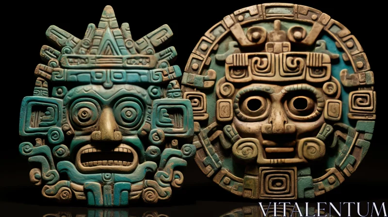 Intricate Aztec Clay Masks in Turquoise and Blue AI Image