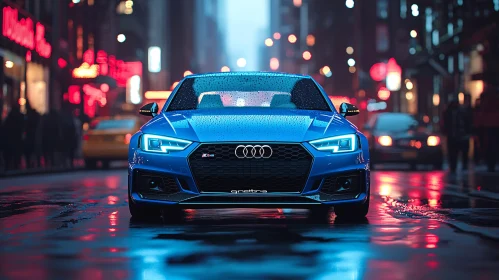 Blue Car in Vibrant Urban Night Scene