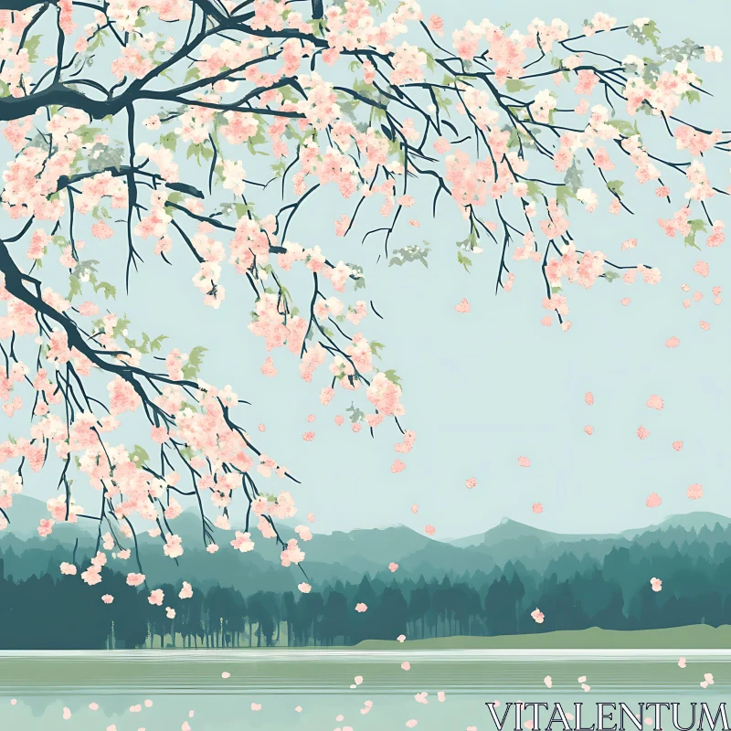Tranquil Scene of Cherry Blossoms Over a Lake Tranquil Scene of Cherry Blossoms Over a Lake