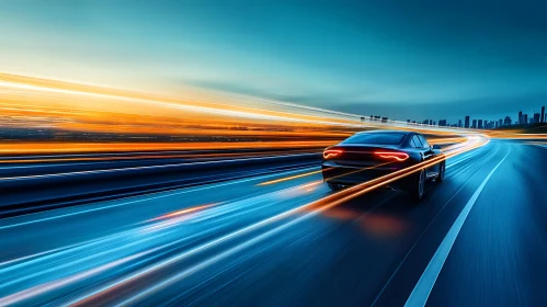 Modern Car Speeding Through Cityscape