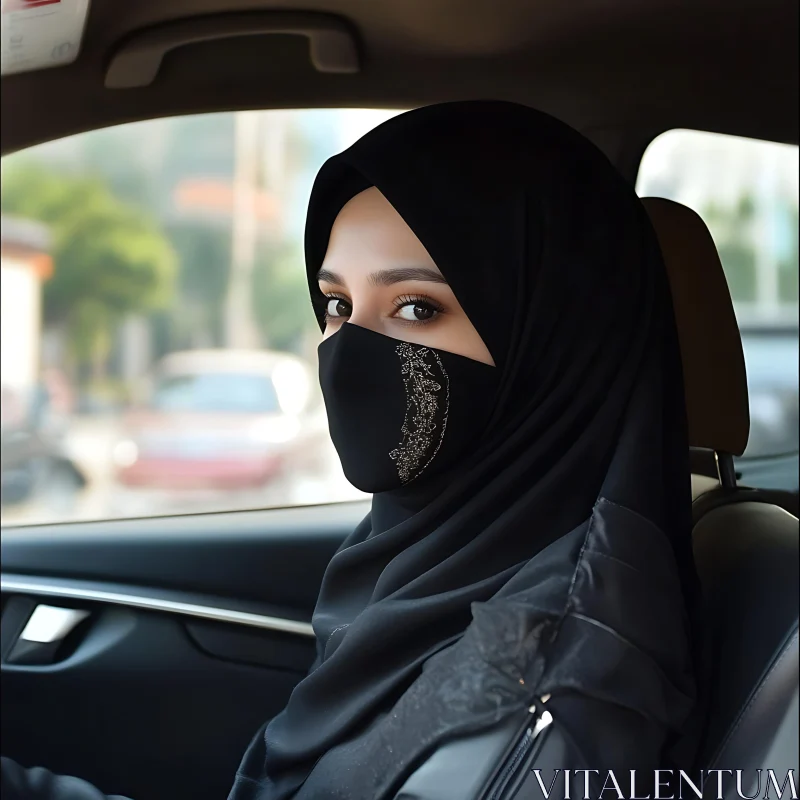 Woman in Car with Black Headscarf and Face Mask Woman in Car with Black Headscarf and Face Mask