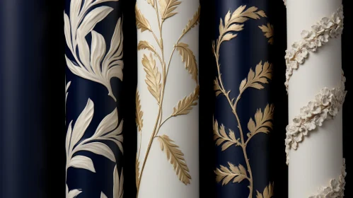 Artistic Wall Panels in Blue and Gold with Floral Design