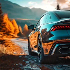 Autumn Drive: Car with Mountain Backdrop