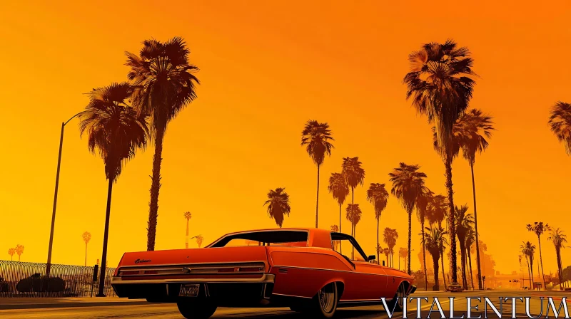 Classic Vehicle and Sunset Palms