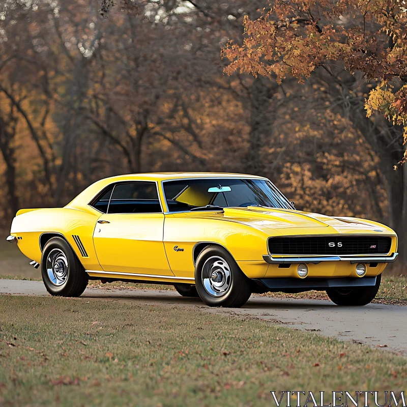 Vintage Yellow Car Amidst Fall Scenery Vintage Yellow Car Amidst Fall Scenery