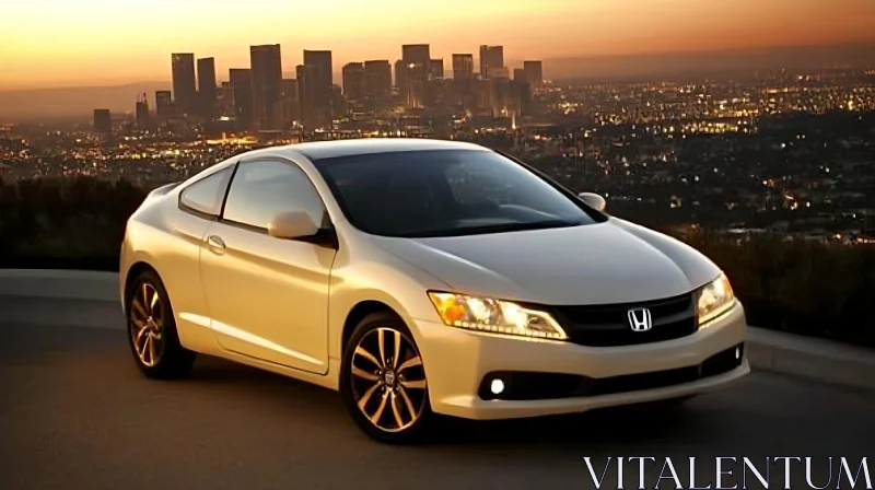 Modern Coupe Overlooking Urban Sunset AI Image