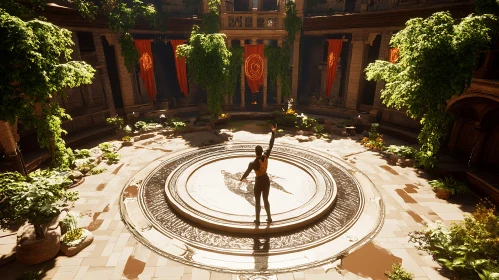 Beautiful Green Courtyard with Symbolic Banners