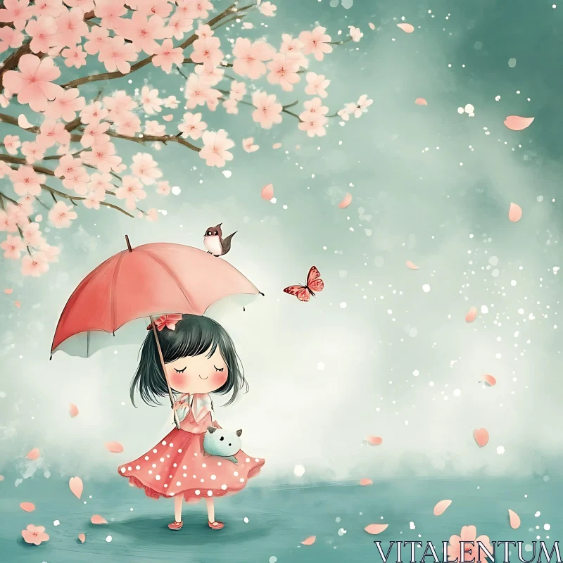 Young Girl with Umbrella in Cherry Blossom Scene Young Girl with Umbrella in Cherry Blossom Scene