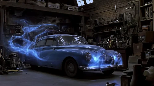 Enchanted Blue Car in Vintage Workshop