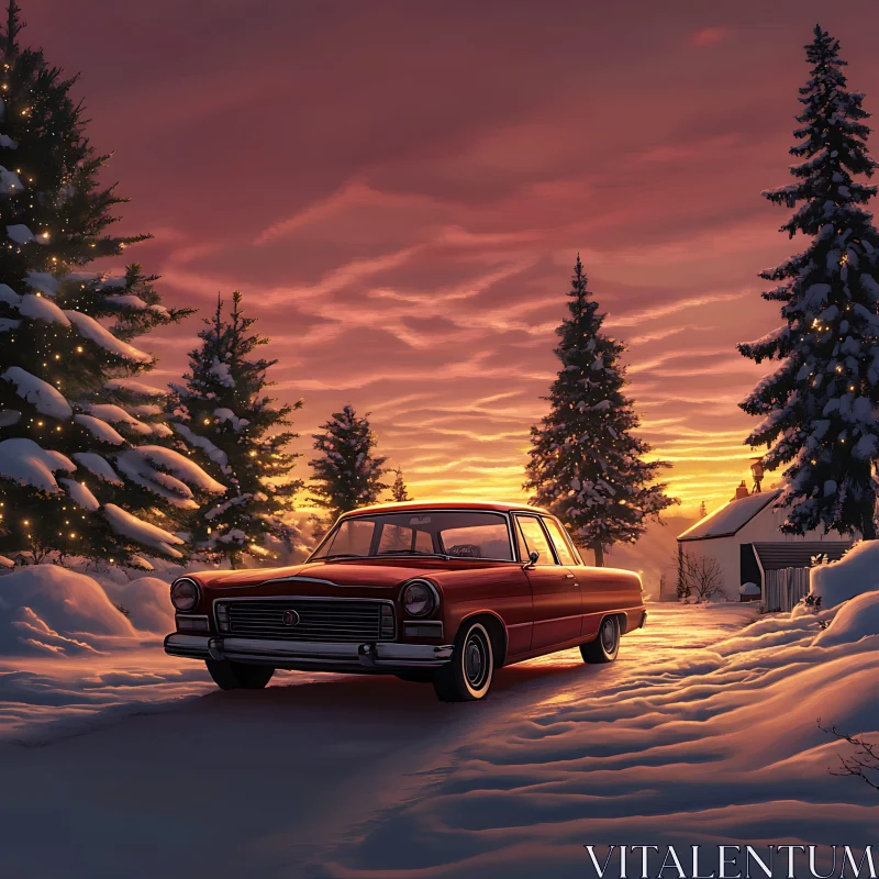 Vintage Car in Snowy Sunset Scene
