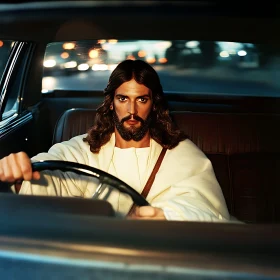 Intent and Focus: Man Driving Through Night City