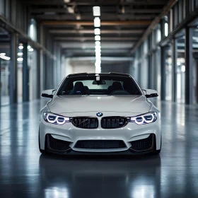 Sleek White Car with Illuminated Headlights