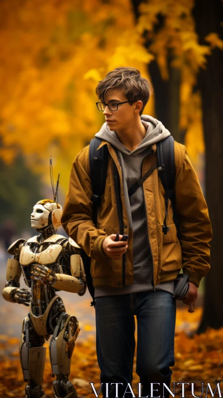 Youth Engaging with Robot in Autumnal Setting AI Image