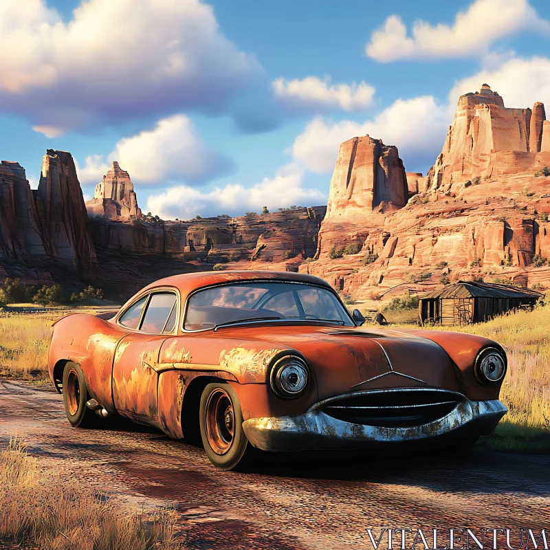 Classic Rusty Car in Arid Canyon Setting AI Image