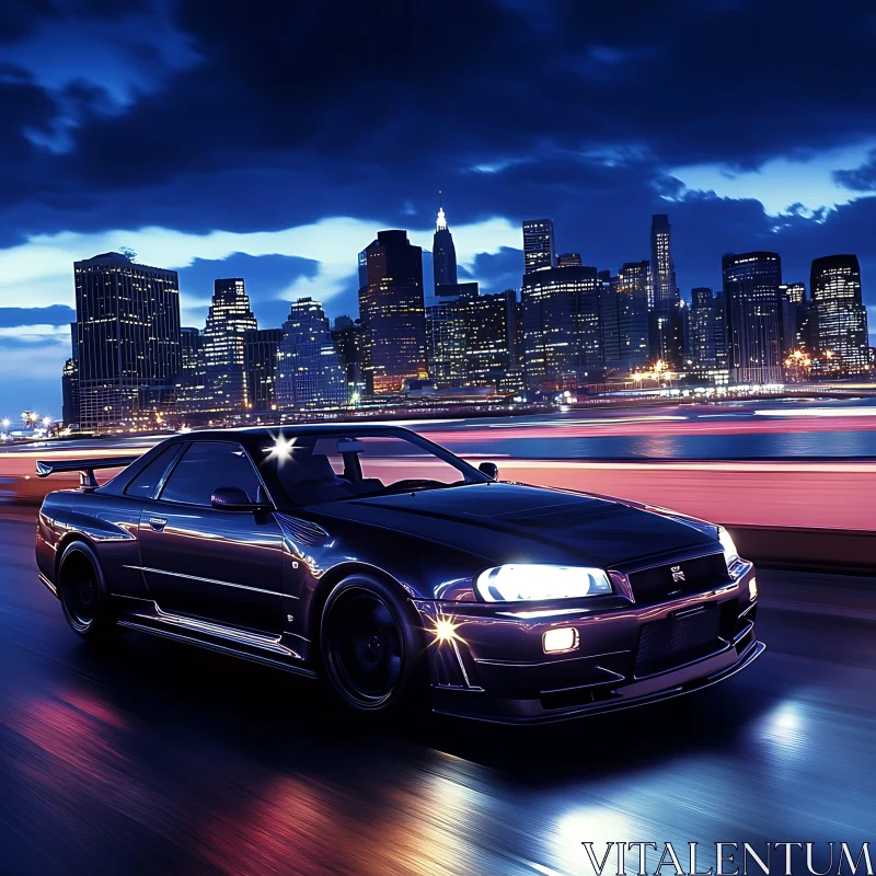 Black Sports Car Speeding Amidst City Lights AI Image