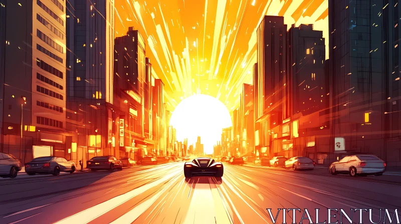 Urban Sunset Voyage: Car Racing Towards the Blazing Sun AI Image