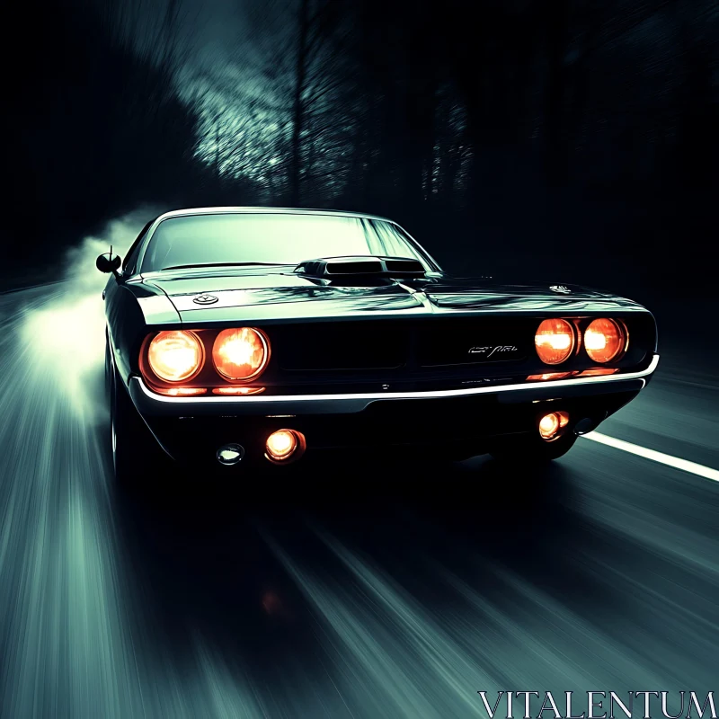 Vintage Black Muscle Car in Motion AI Image