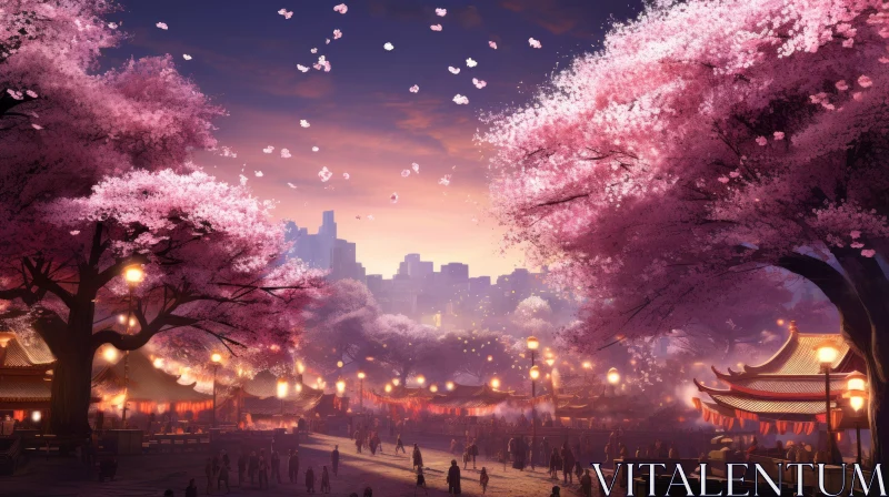 Cherry Blossom Cityscape - A Nighttime Forest in the City AI Image