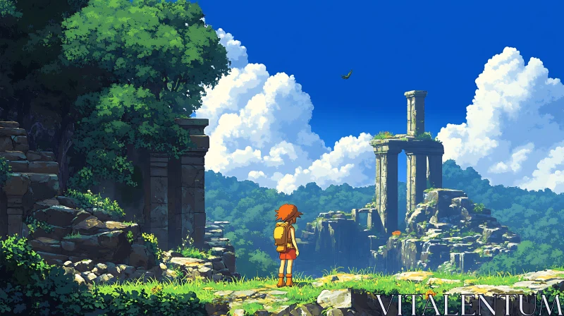 Young Explorer in Anime Ruins Landscape AI Image