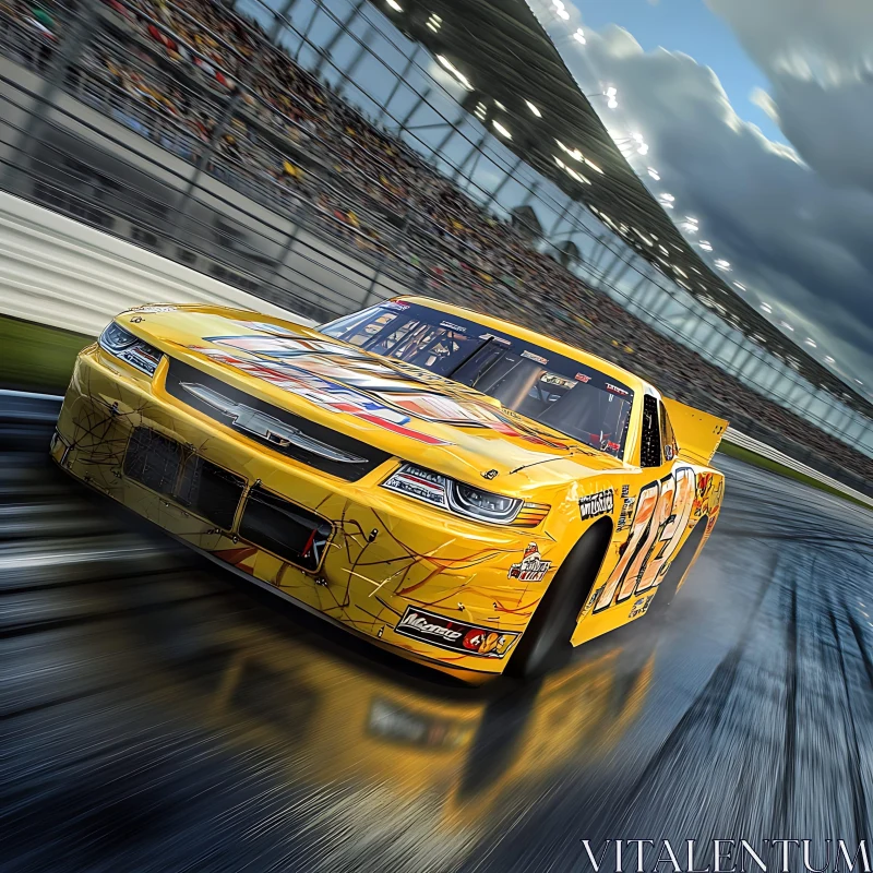 Yellow Race Car on Slick Racetrack AI Image