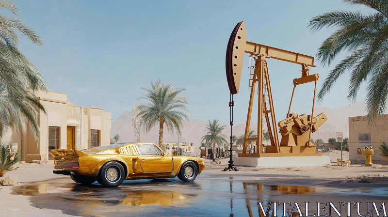 AI ART Golden Car and Oil Pump in Desert Landscape