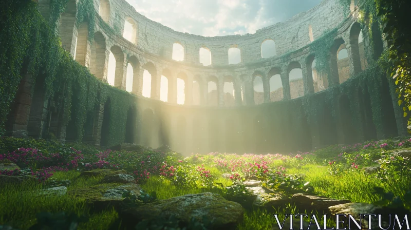 Sunlit Ancient Ruins with Ivy and Blossoms AI Image