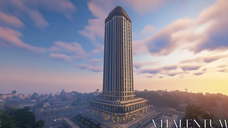 Majestic Modern Skyscraper Against a Sunset Sky AI Image