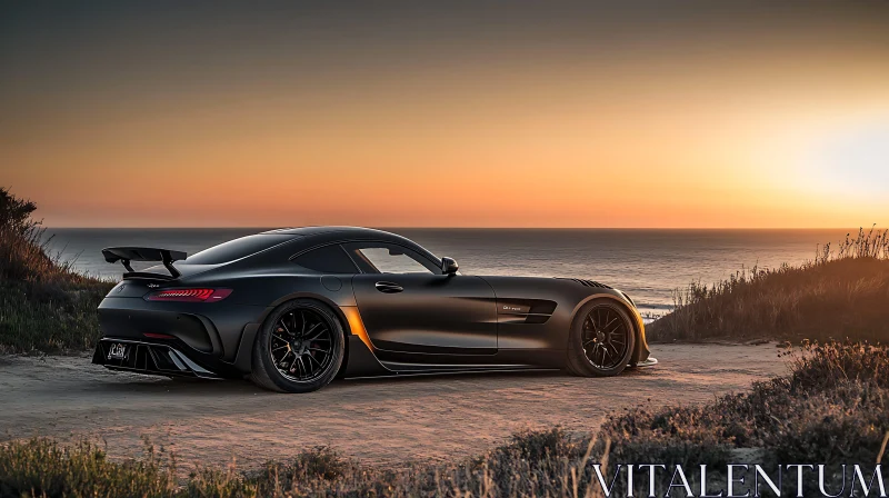 Luxury Black Sports Car with Ocean Sunset AI Image