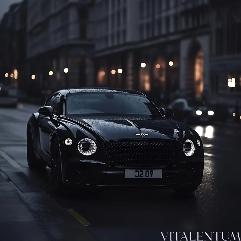 Black Luxury Car on a Rainy Night Downtown AI Image