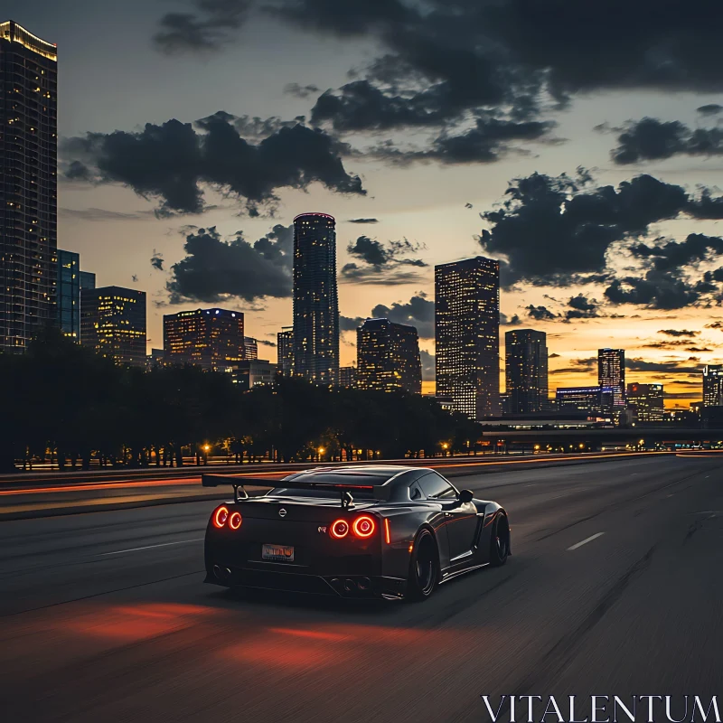 Cityscape with Sports Car at Nightfall AI Image