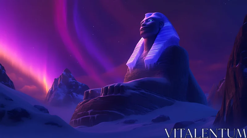 Ethereal Sphinx in Aurora-Lit Snowy Mountains AI Image