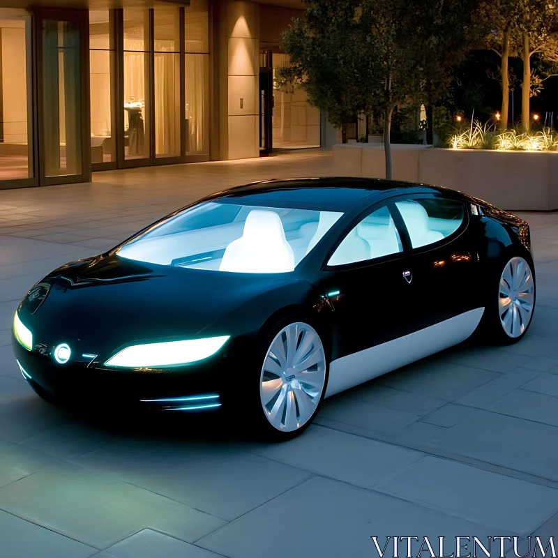 Sleek Black Electric Automobile in Urban Night Scene AI Image