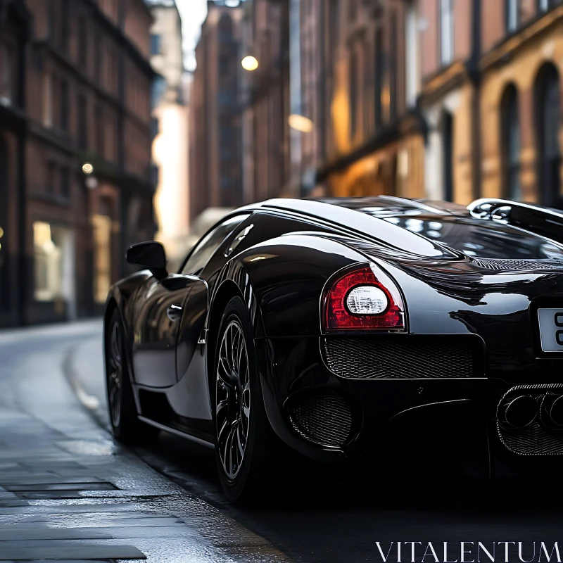 Black Supercar on City Street AI Image