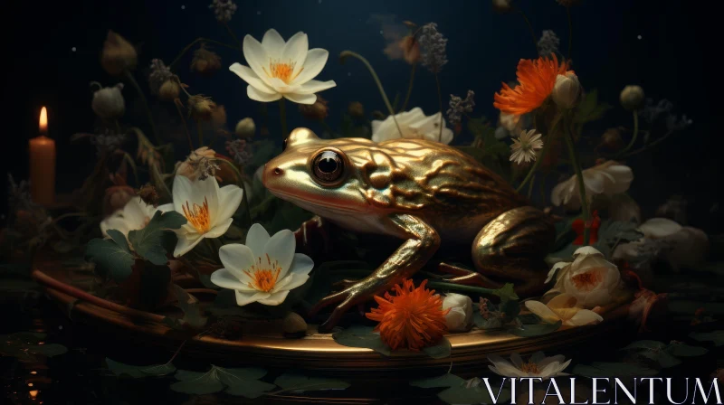 Golden Frog Amidst Nighttime Blooms: A Surrealistic Scene AI Image